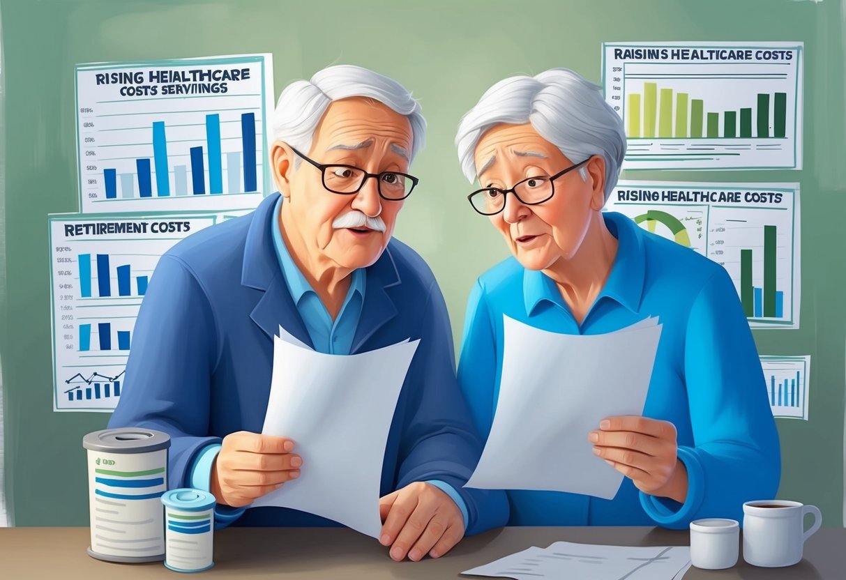 A senior couple looks worried as they review their medical bills and retirement savings, surrounded by charts and graphs showing rising healthcare costs