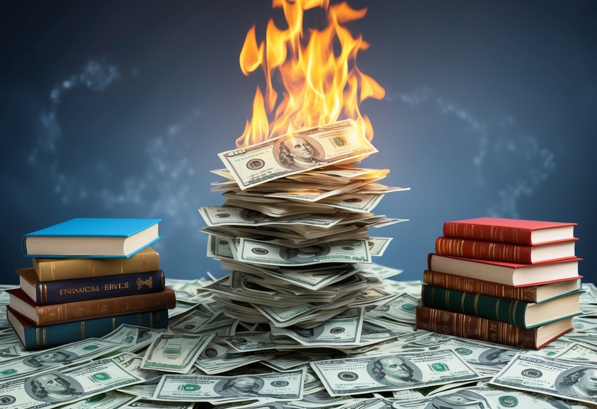A stack of burning dollar bills, surrounded by traditional financial advice books, with a path leading towards a bright future