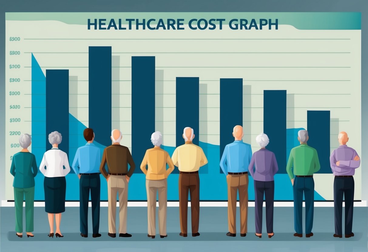 A group of elderly individuals stand in front of a large, ominous healthcare cost graph, looking concerned and uncertain about their financial future in retirement