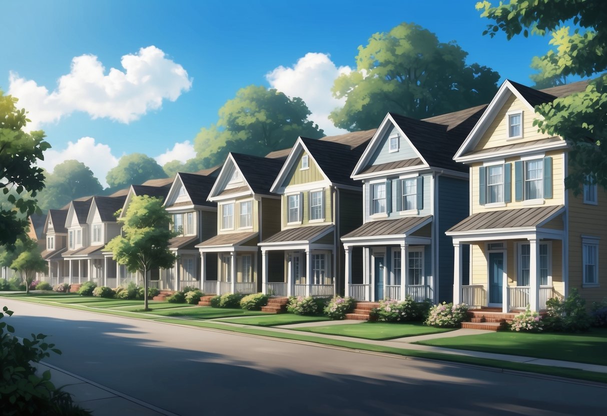 A peaceful suburban neighborhood with a row of cozy, well-maintained houses, surrounded by lush greenery and a clear blue sky