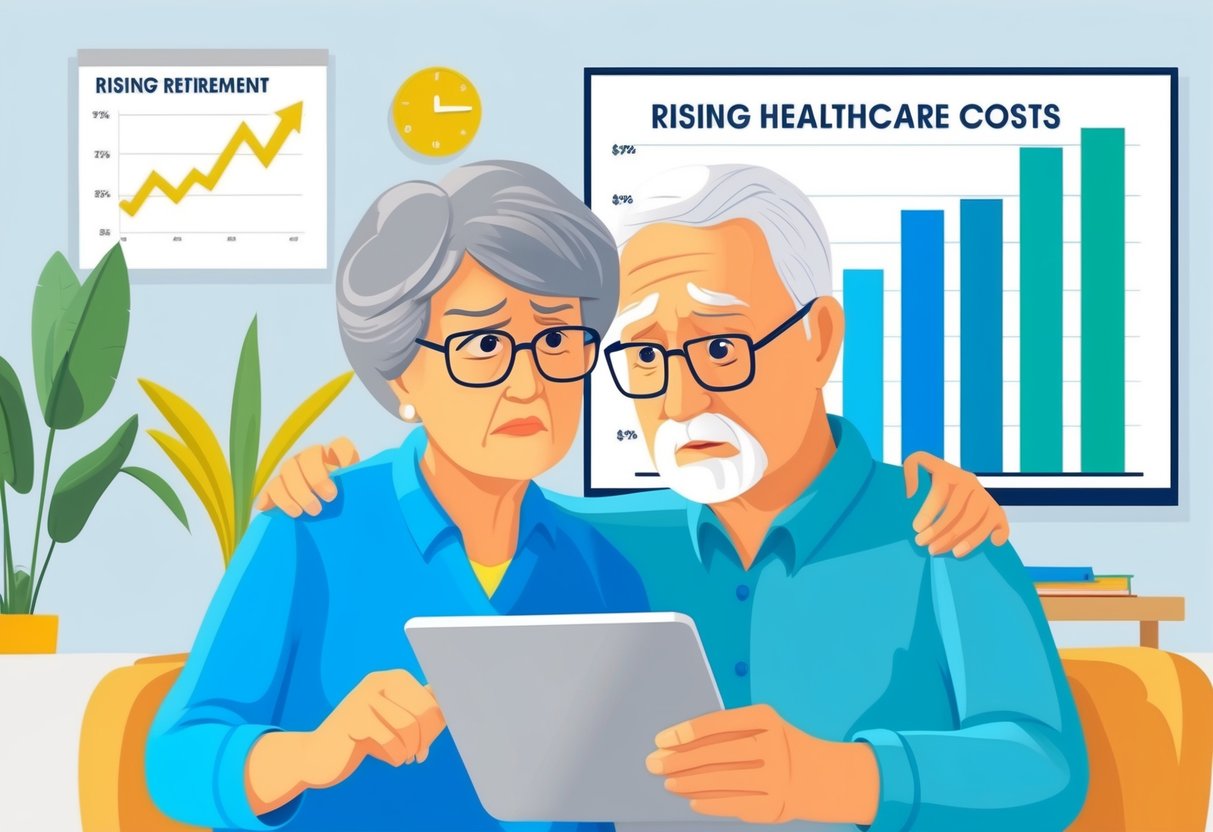 A senior couple looks worried as they review their retirement savings while a graph showing rising healthcare costs looms in the background
