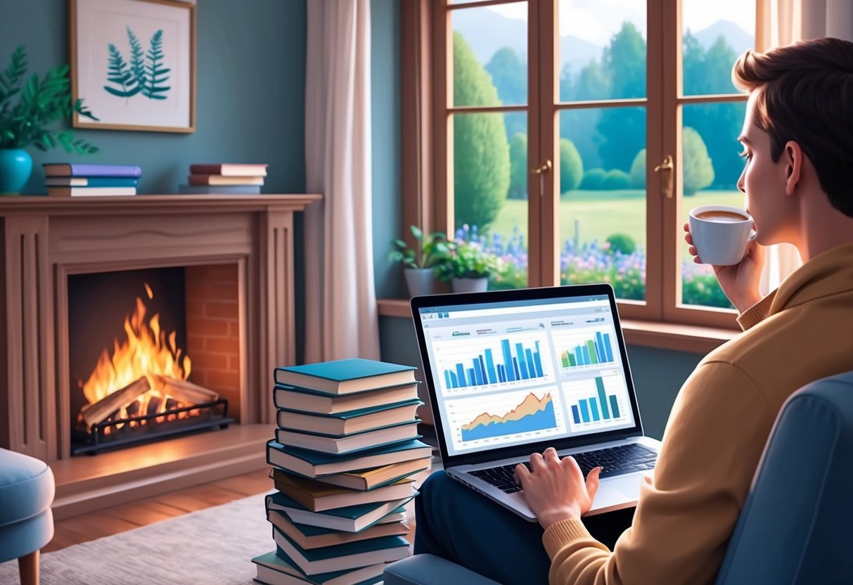 A serene, cozy living room with a crackling fireplace, a stack of financial books, and a laptop displaying investment charts. A person sipping coffee while gazing out the window at a tranquil garden