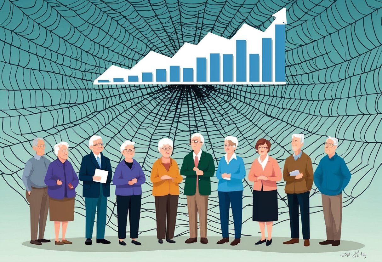 A group of elderly individuals stand in front of a large, tangled web representing the retirement safety net. Above them, a looming graph shows the sharp rise of healthcare costs