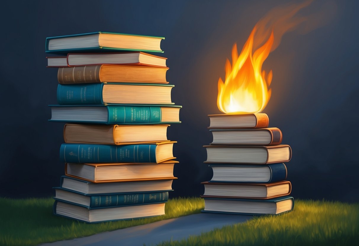 A stack of traditional financial advice books burning while a path to financial independence is illuminated by a flame