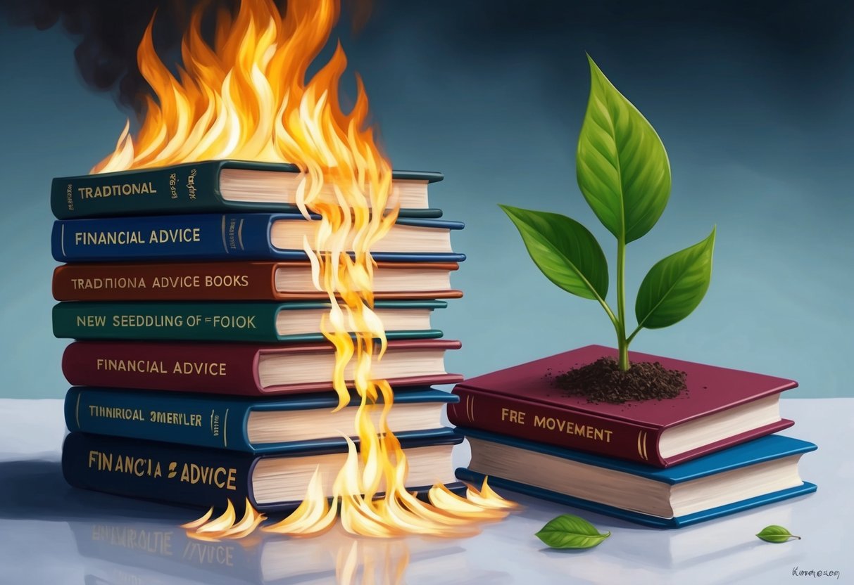 A stack of traditional financial advice books burning while a new seedling of the FIRE movement grows nearby