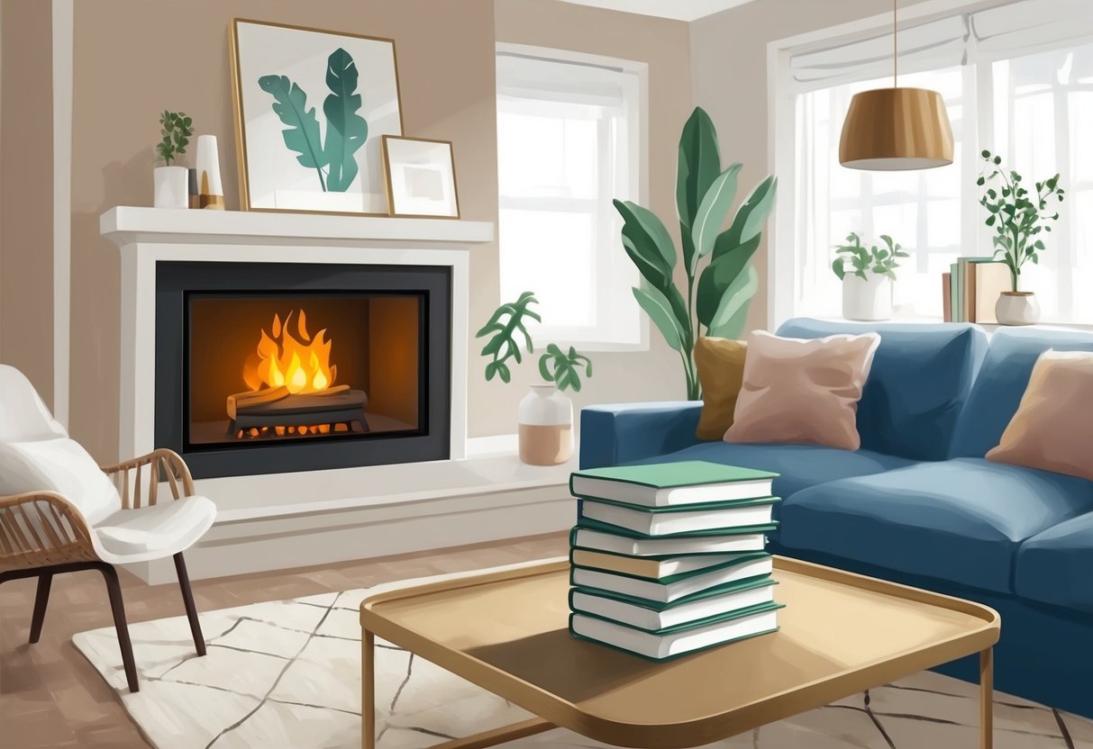 A cozy living room with a crackling fireplace, minimalist decor, and a stack of financial planning books on a coffee table