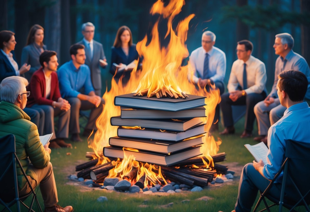 A stack of financial books burning in a campfire, with people gathered around discussing the flaws in traditional advice