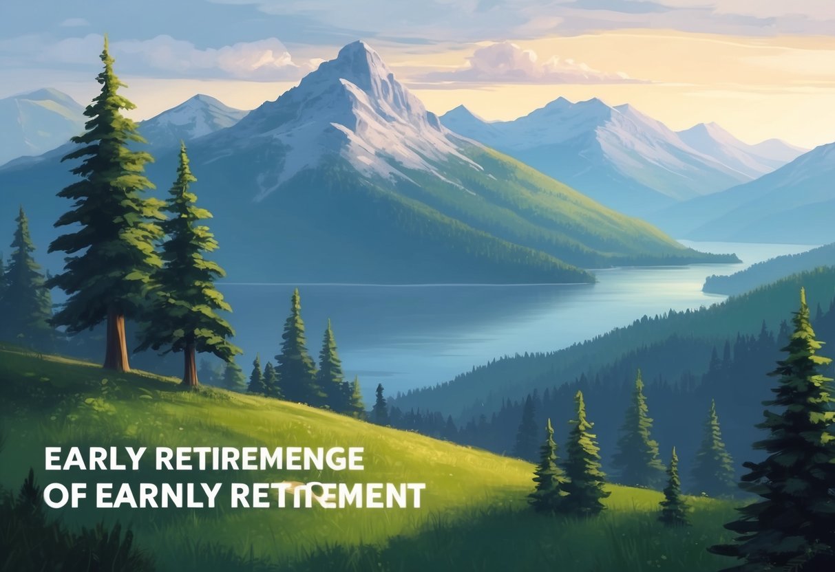 A serene mountain landscape with a peaceful overlook, symbolizing the potential risks and challenges of early retirement