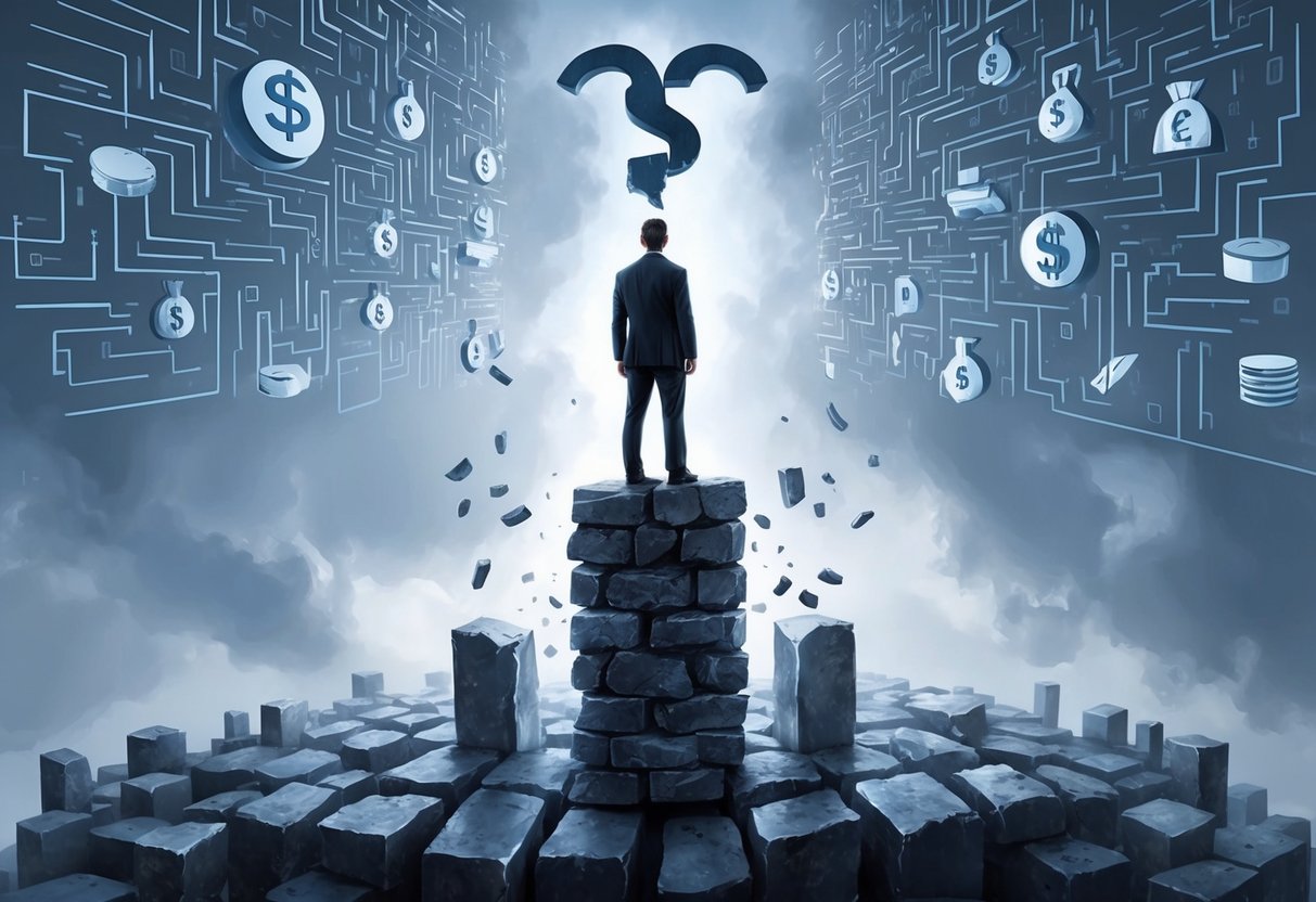A person standing on a crumbling pillar with a broken pension plan symbol at the top, surrounded by a maze of complex financial obstacles