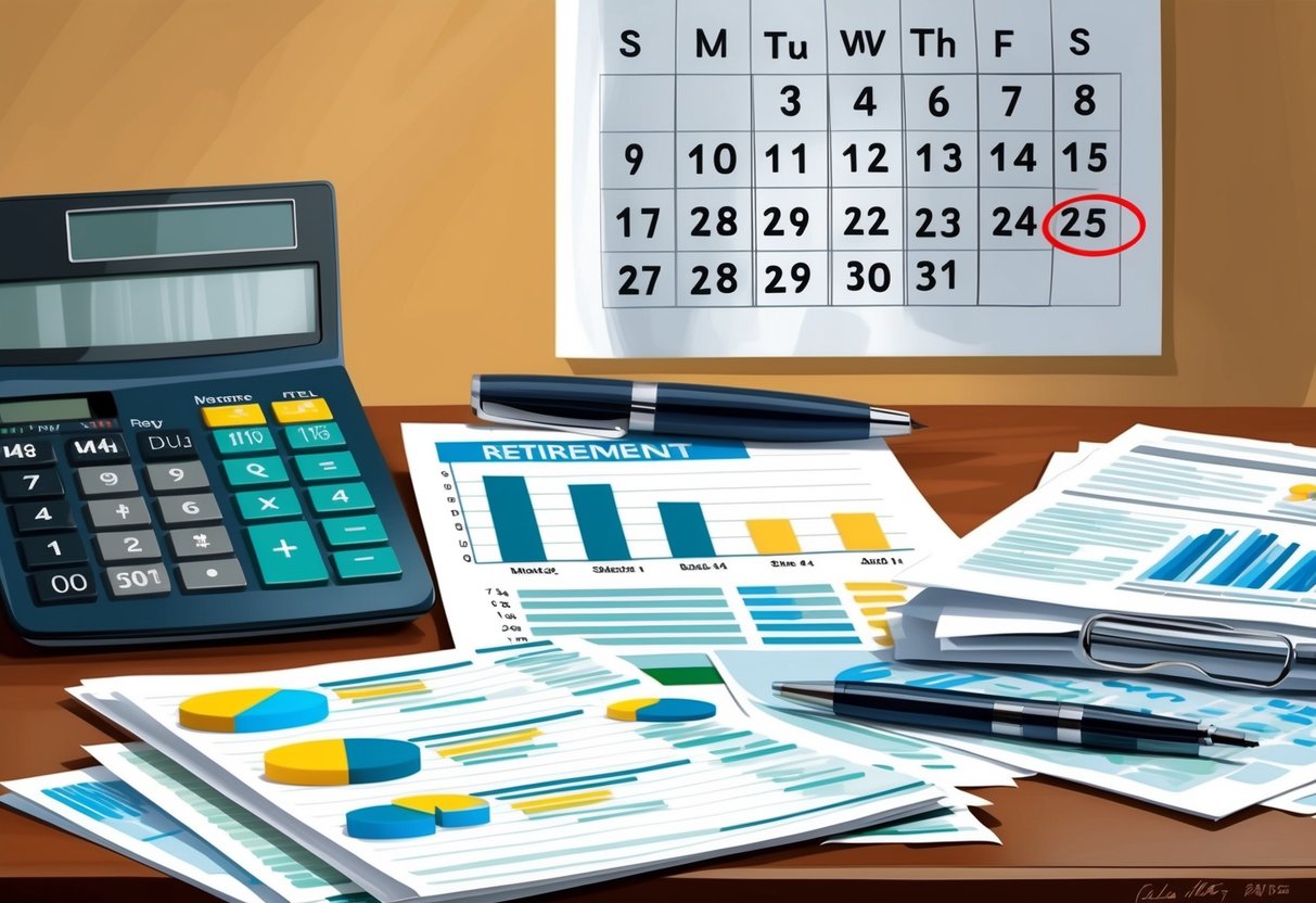 A desk cluttered with financial documents and charts, with a calculator and pen lying nearby. A calendar on the wall shows a retirement date circled in red