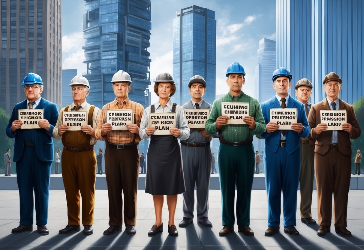 A group of workers from different eras stand in line, each holding a crumbling pension plan while modern skyscrapers loom in the background