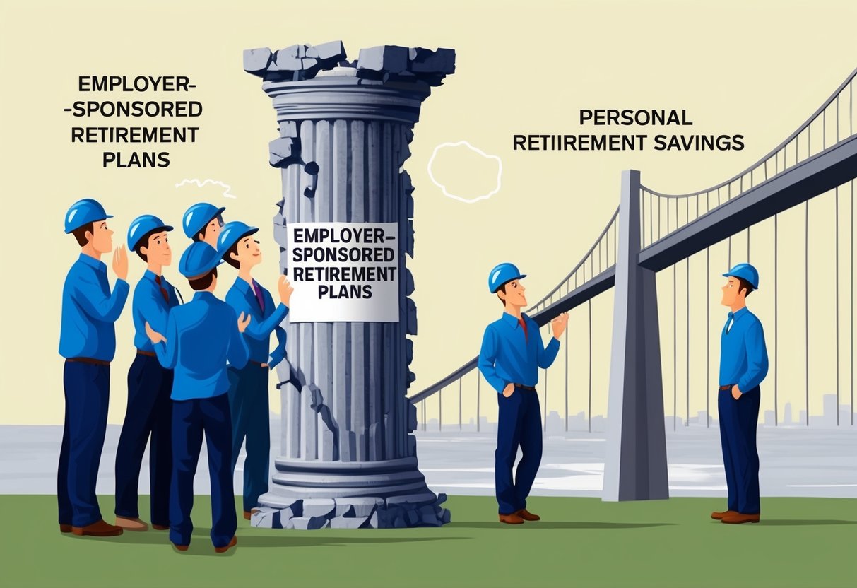A group of workers looking puzzled as they stare at a crumbling pillar labeled "Employer-Sponsored Retirement Plans" while a modern, sturdy bridge labeled "Personal Retirement Savings" stands nearby