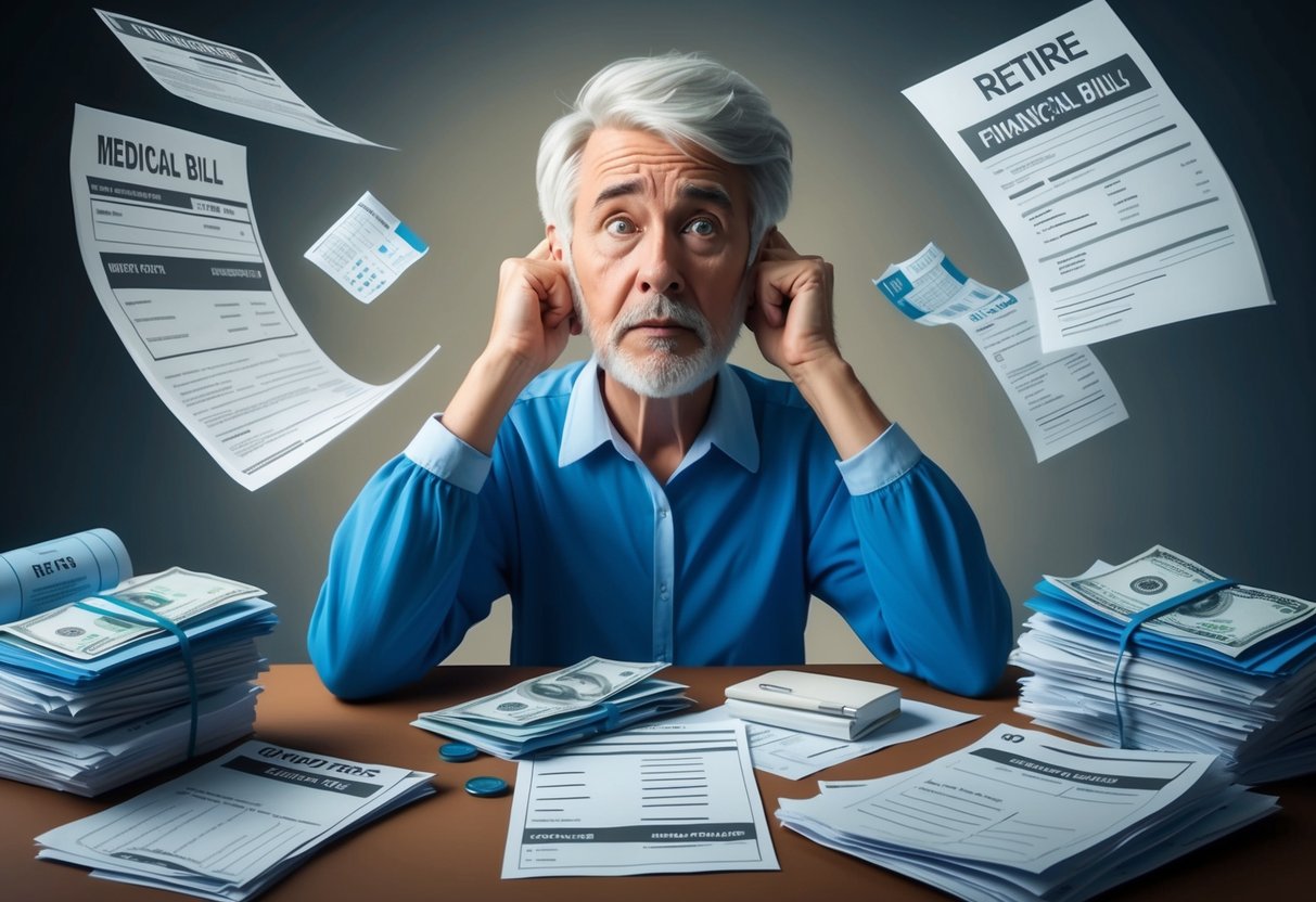 A person preparing to retire early, surrounded by medical bills and financial documents, with a concerned expression