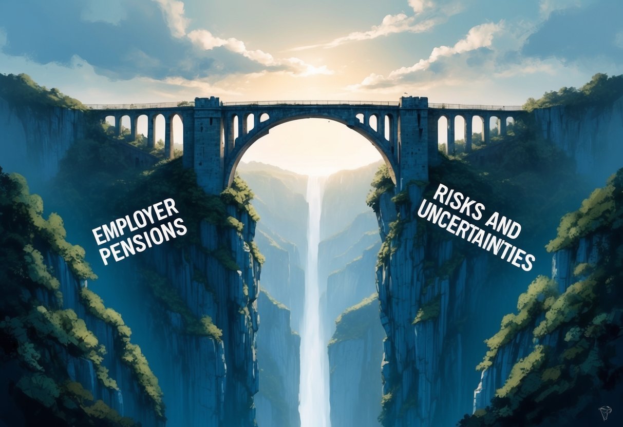 A crumbling bridge over a deep chasm, with one side labeled "Employer Pensions" and the other side labeled "Risks and Uncertainties."