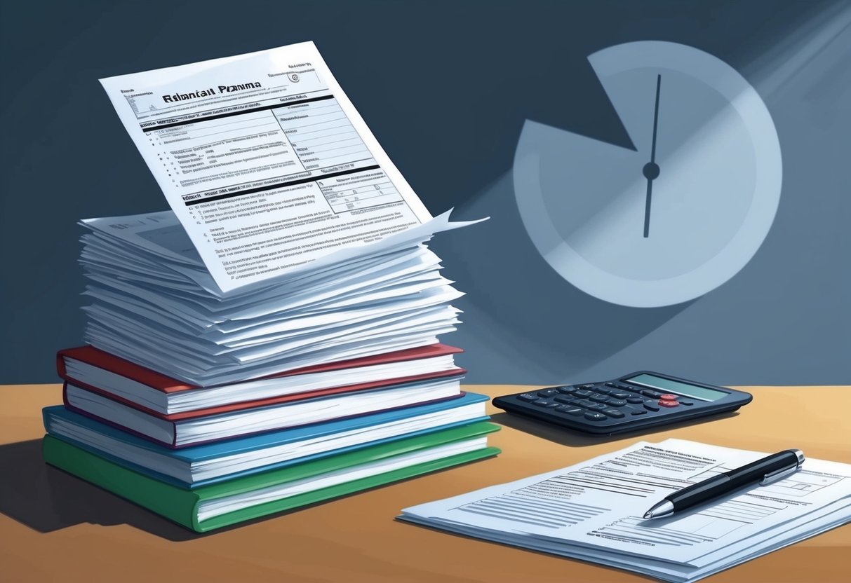 A stack of financial documents with tax forms, calculator, and retirement planning books on a desk, with a shadow of a looming penalty in the background