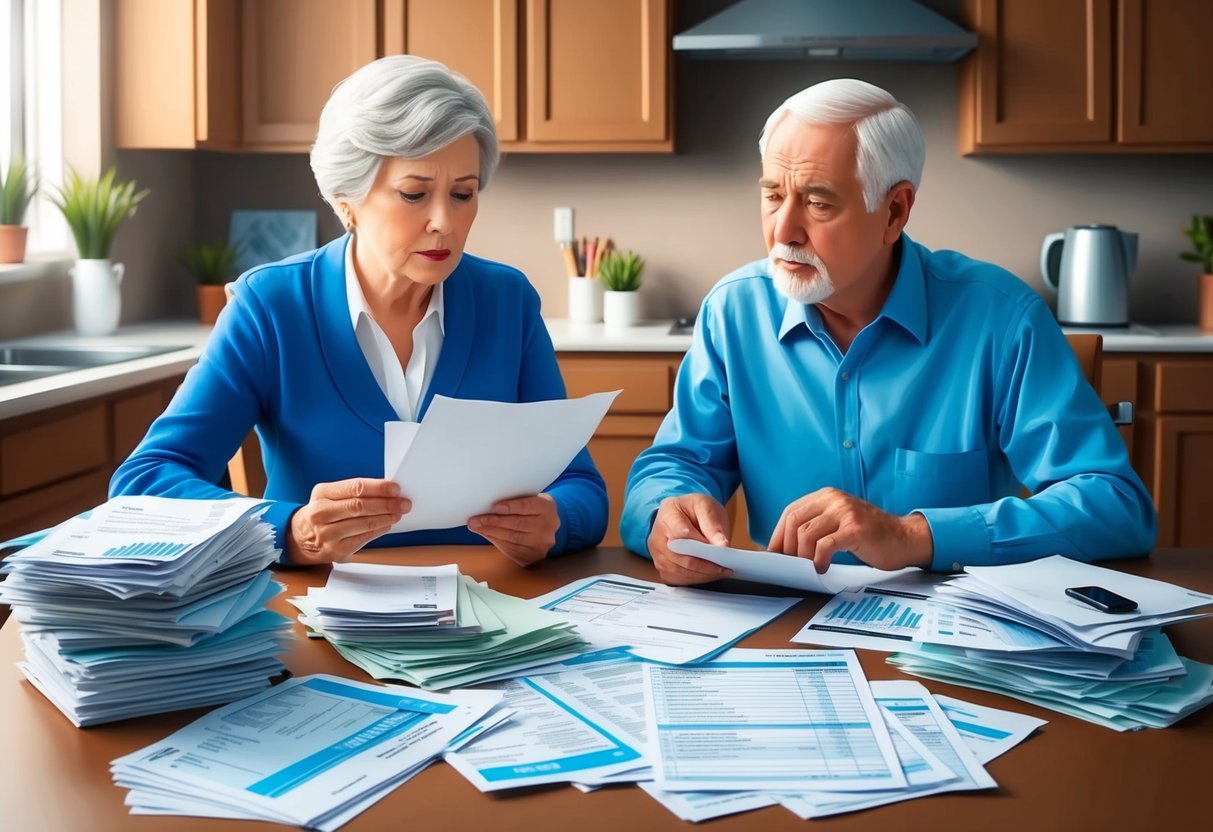 A senior couple sits at a kitchen table, reviewing financial documents. A stack of bills and retirement account statements lay scattered across the table. The couple looks concerned as they discuss their financial future