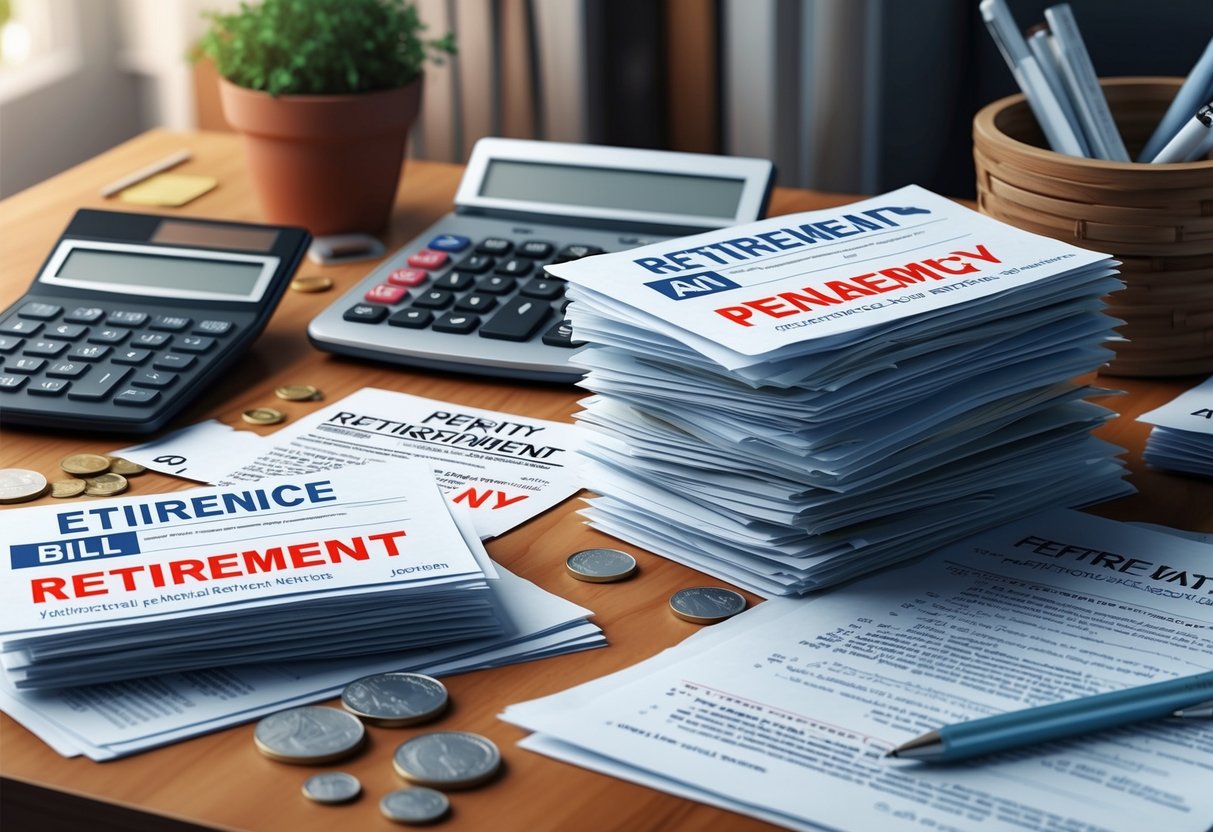 A stack of bills and retirement penalty notices on a cluttered desk. A calculator and financial documents scattered around