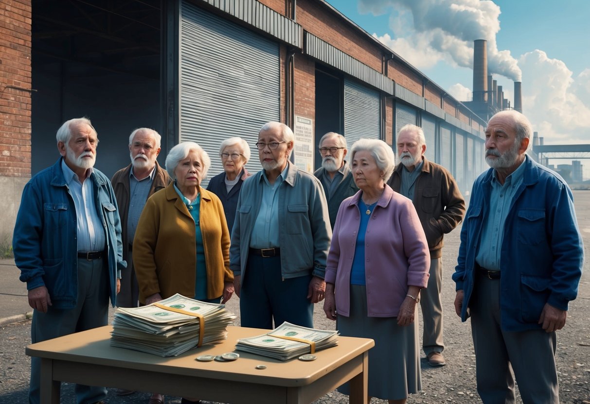 A group of elderly individuals stand outside a closed factory, looking distressed. A stack of unpaid bills and a dwindling pension fund sit on a table