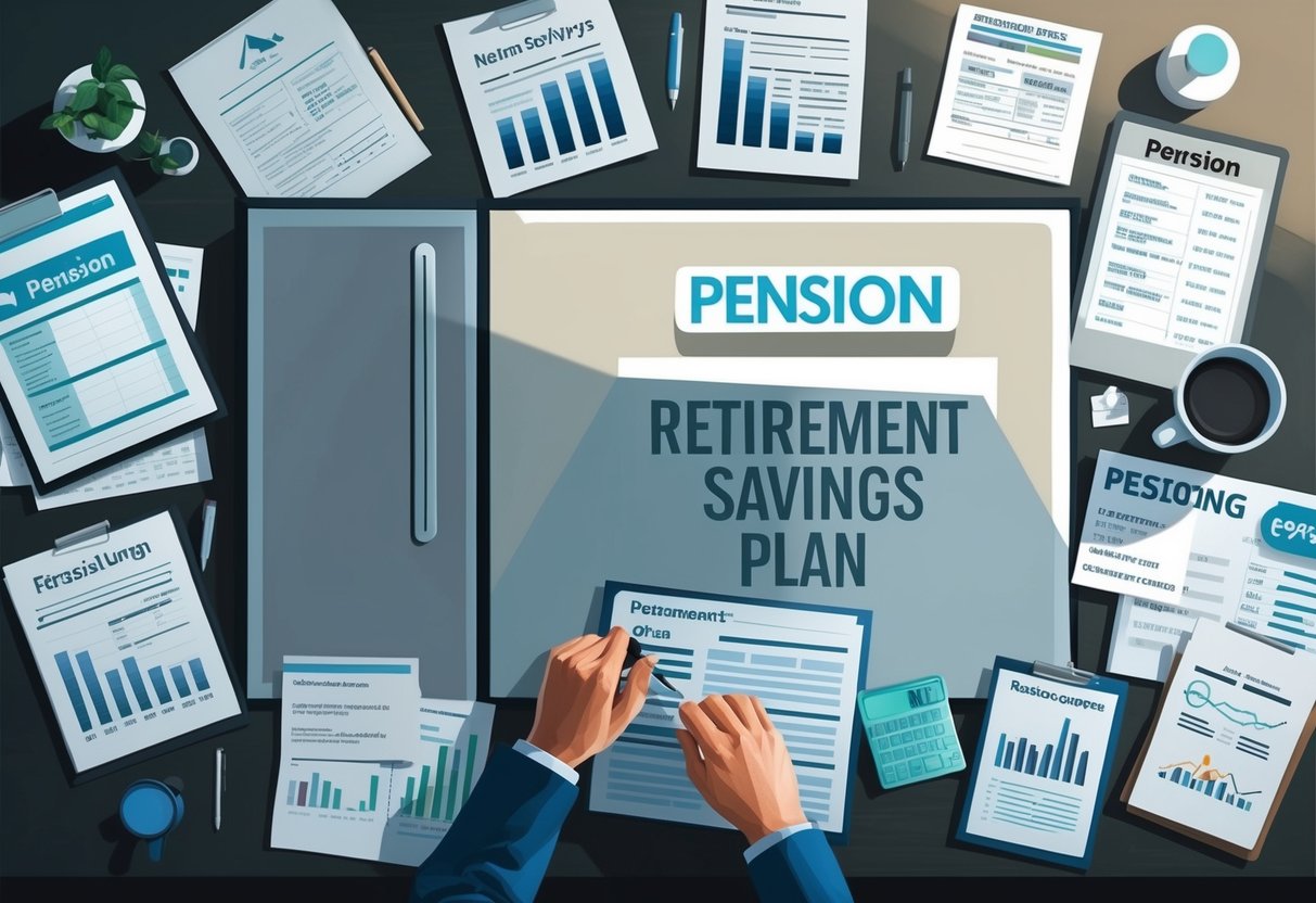 A modern office desk cluttered with financial documents and a retirement savings plan, with a shadow looming over the pension section