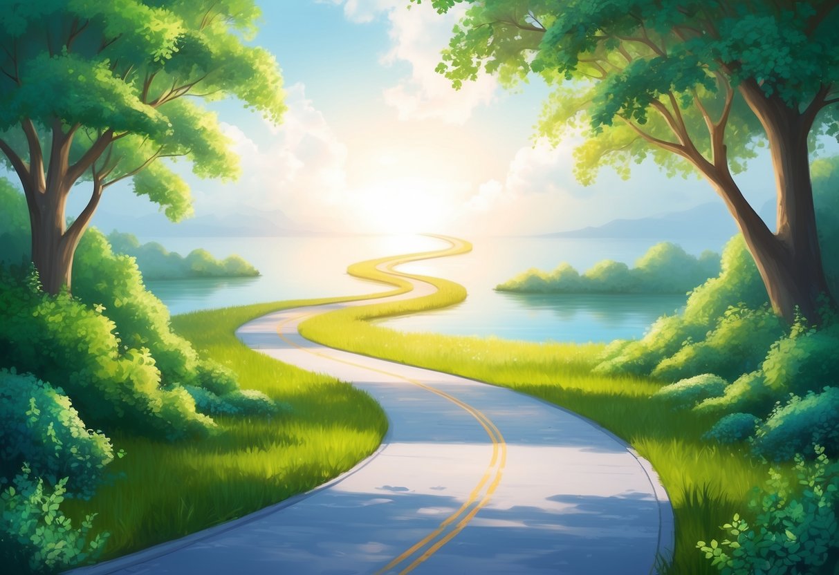 A serene and tranquil retirement scene with a winding path leading towards a bright and hopeful future, surrounded by lush greenery and calm waters
