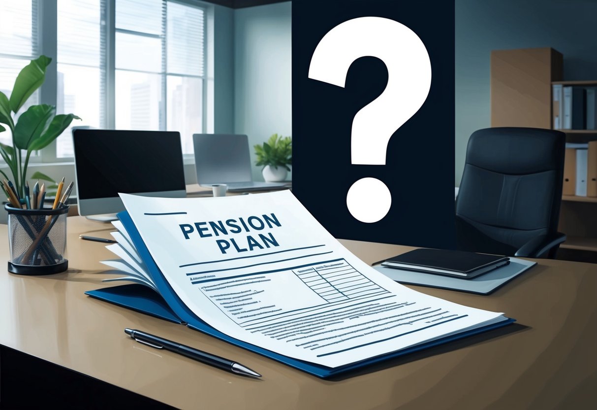 A modern office desk with a traditional pension plan document being overshadowed by a large question mark symbol