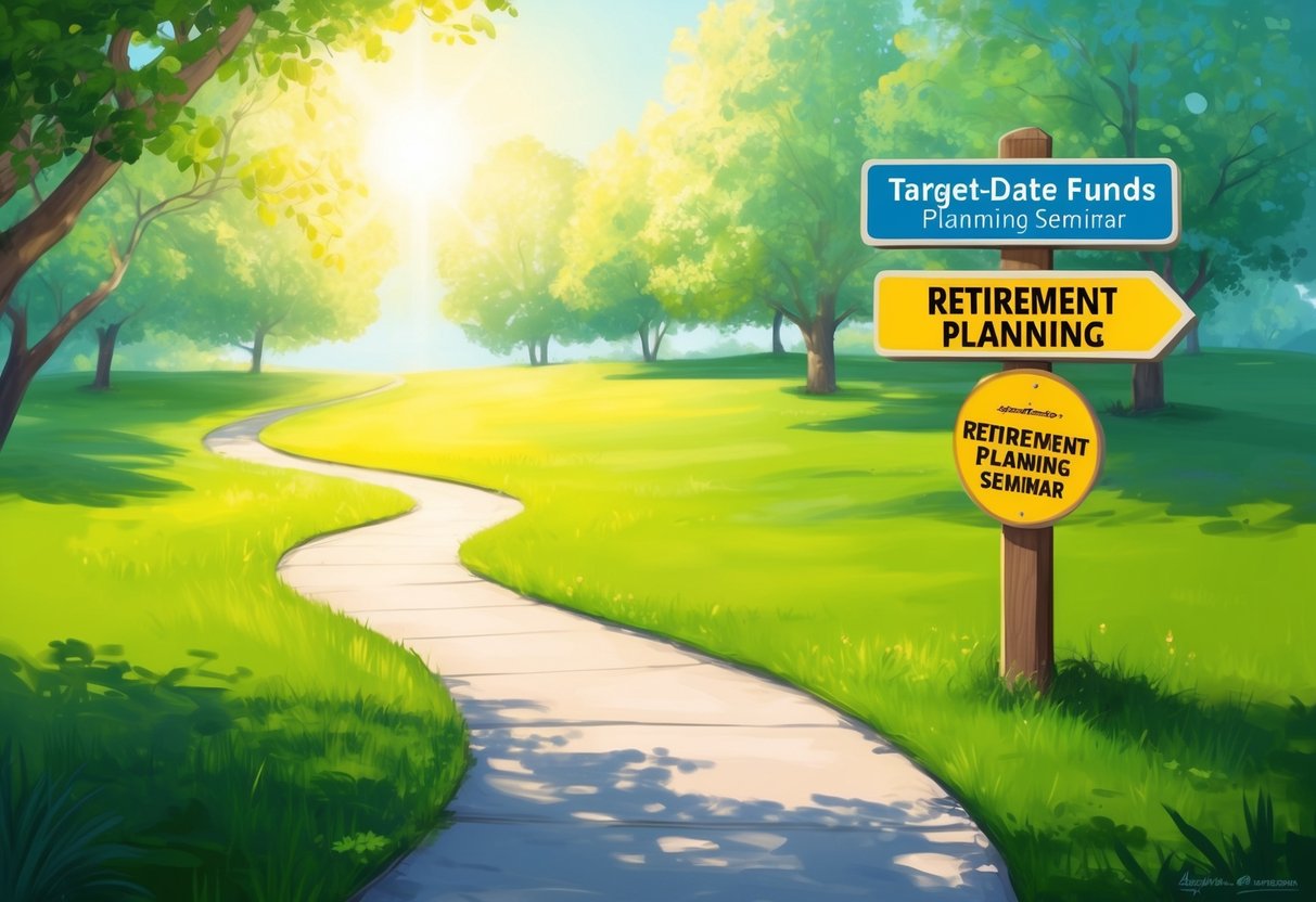 A serene, sunlit park with a winding path leading to a retirement planning seminar. A signpost displays "Target-Date Funds" and "Retirement Planning" with a cautionary tone
