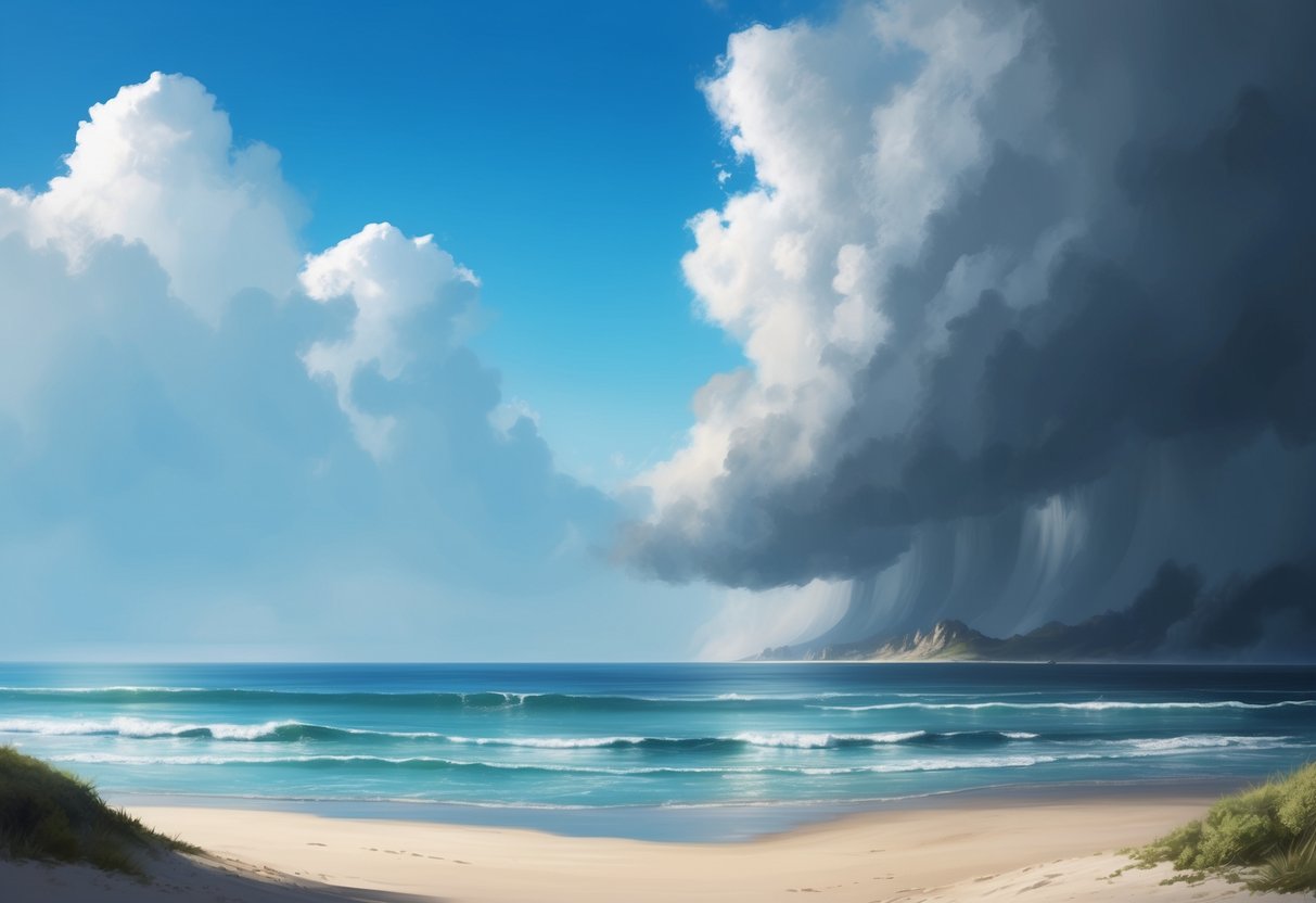 A serene beach with a clear blue sky and calm waters on one side, while stormy clouds and rough waves loom on the other side