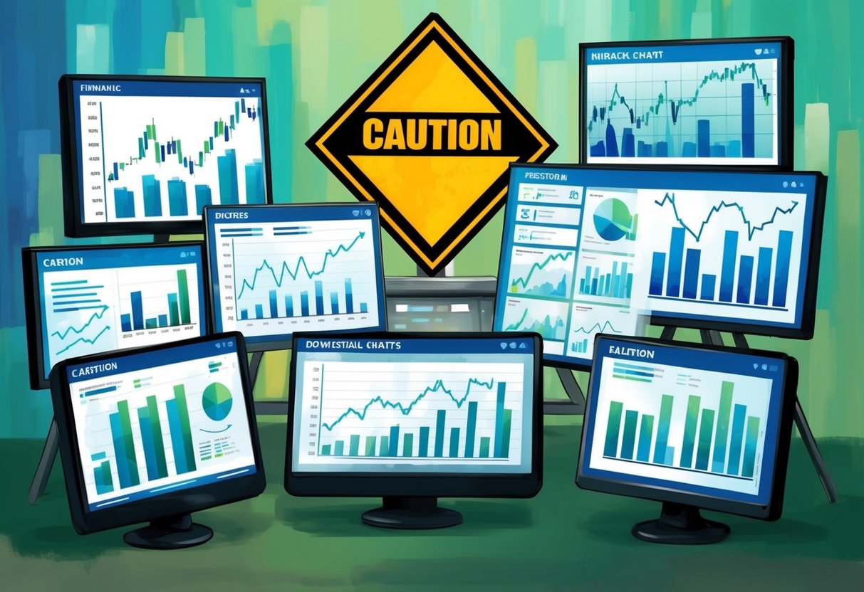 A group of diverse financial charts and graphs, some showing upward trends while others display fluctuations and downturns, with a caution sign in the background