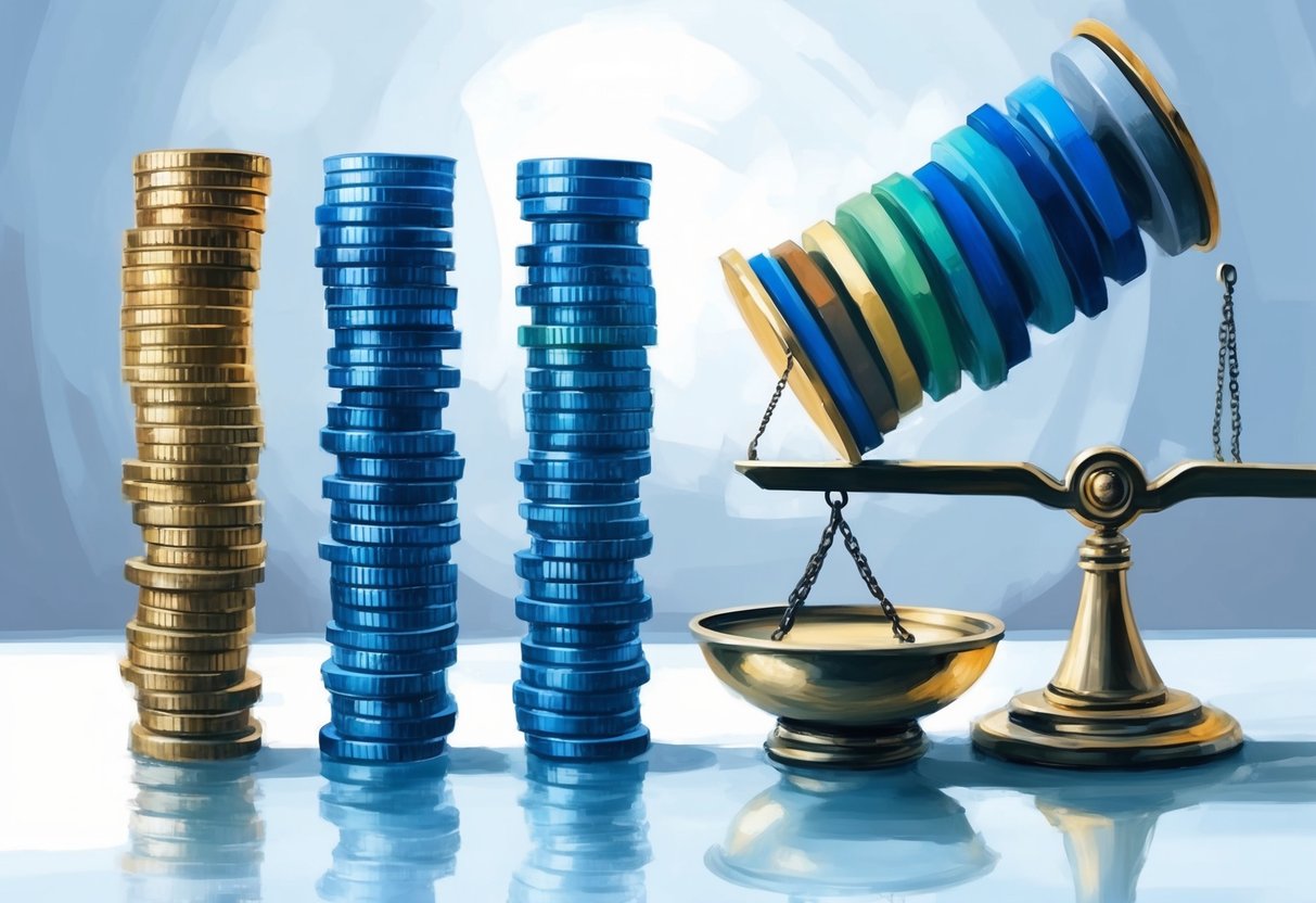A group of diverse investment options standing on a scale, with a target-date fund slightly tipping over while other options remain balanced