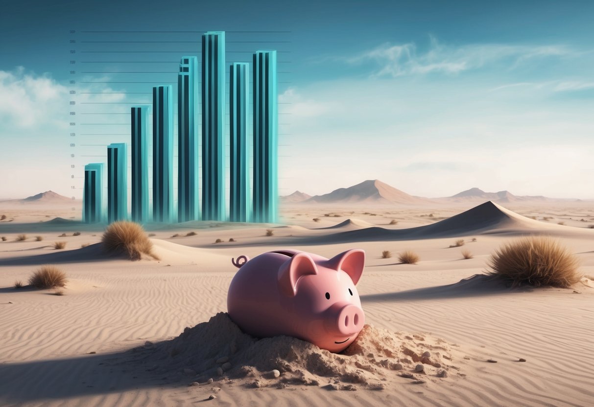 A barren desert landscape with a traditional piggy bank buried in the sand, overshadowed by a towering digital bar graph
