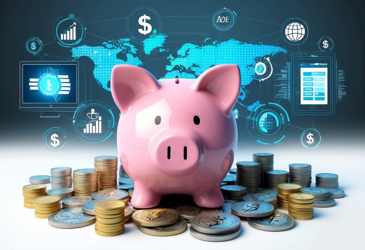 A piggy bank surrounded by outdated financial symbols, while modern technology and diverse investment options loom in the background