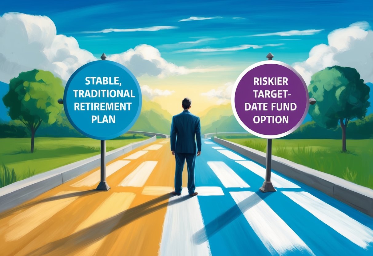 A person standing at a crossroads, with one path leading to a stable, traditional retirement plan and the other path leading to a riskier target-date fund option