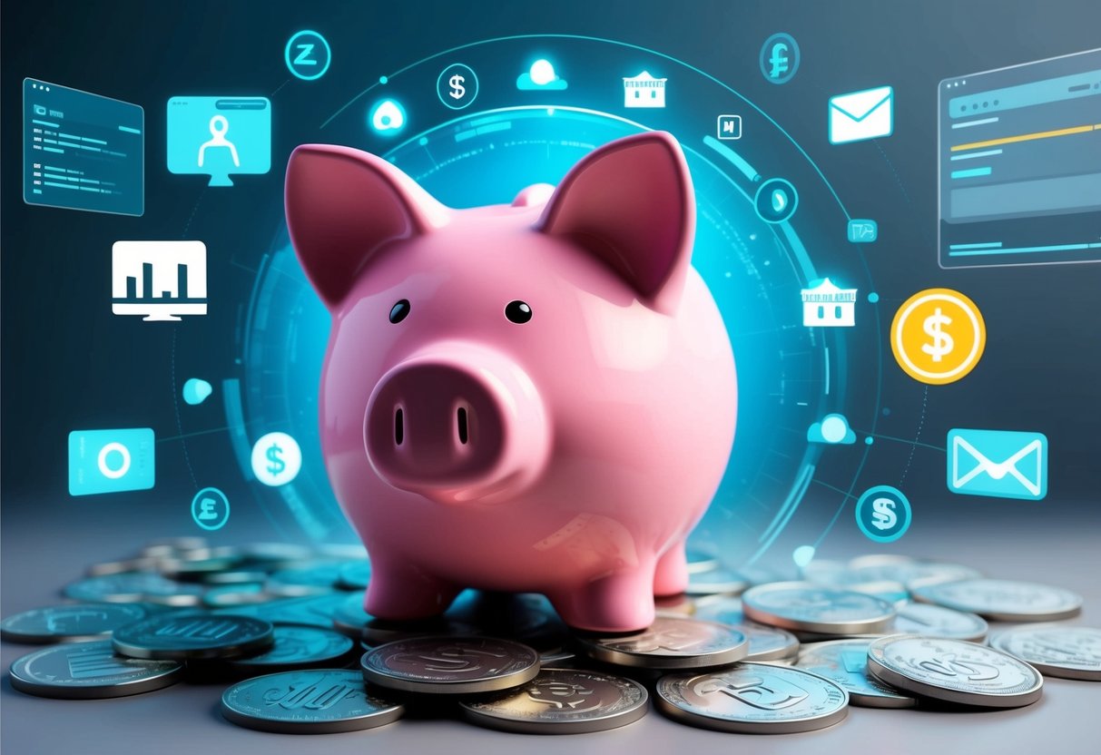 A piggy bank surrounded by outdated traditional savings symbols, with a modern digital interface in the background