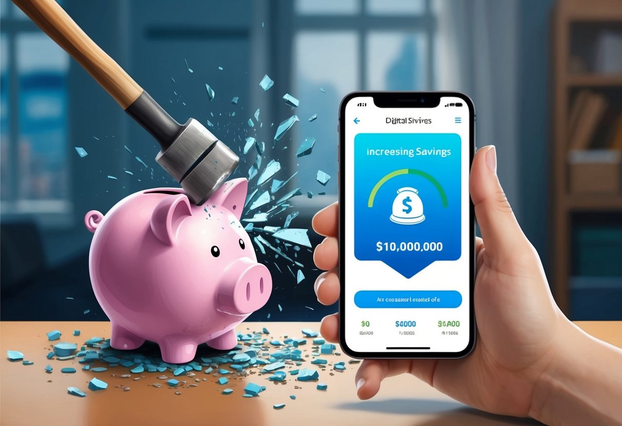 A piggy bank being shattered with a hammer, while a digital savings app on a smartphone shows increasing savings