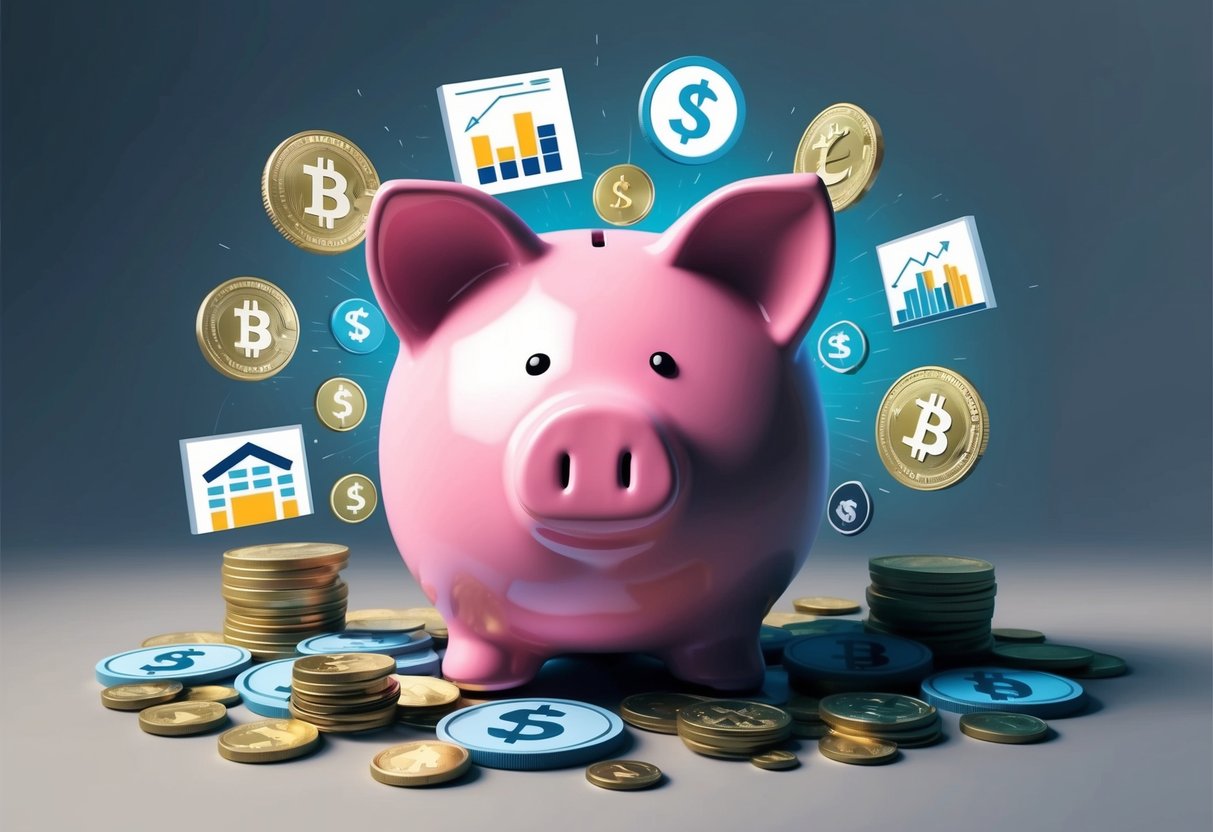 A piggy bank surrounded by outdated traditional savings symbols, overshadowed by modern investment options like stocks, real estate, and cryptocurrency