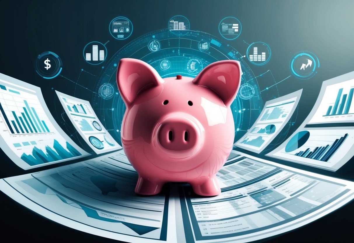 A piggy bank surrounded by outdated financial charts, overshadowed by modern technology and innovative investment options