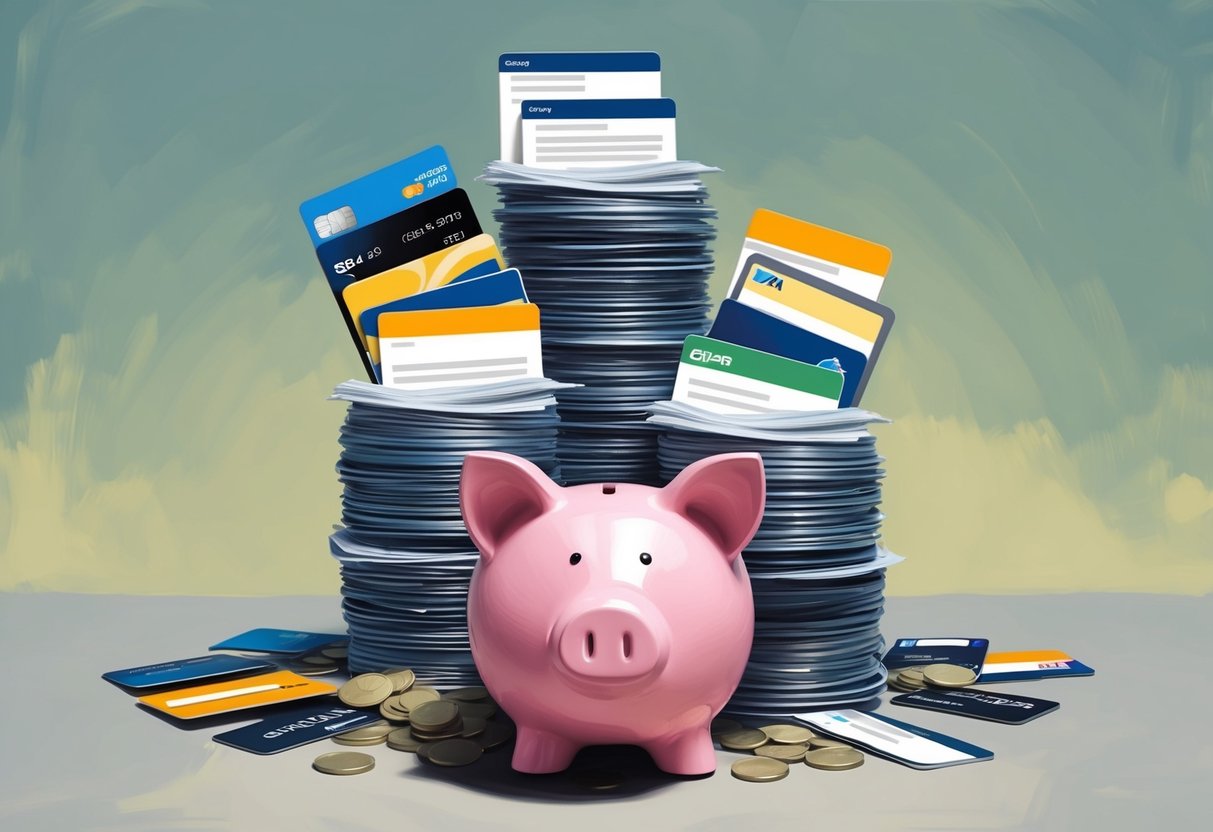 A piggy bank being overshadowed by a towering stack of credit cards and loan documents, symbolizing the shift away from traditional savings benchmarks
