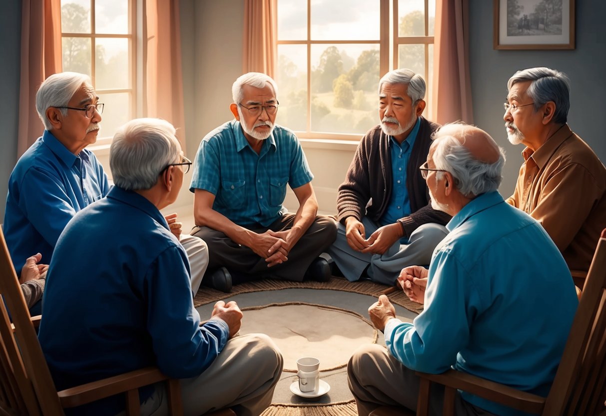 A group of older adults sit in a circle, discussing traditional advice. A mix of frustration and determination is evident on their faces