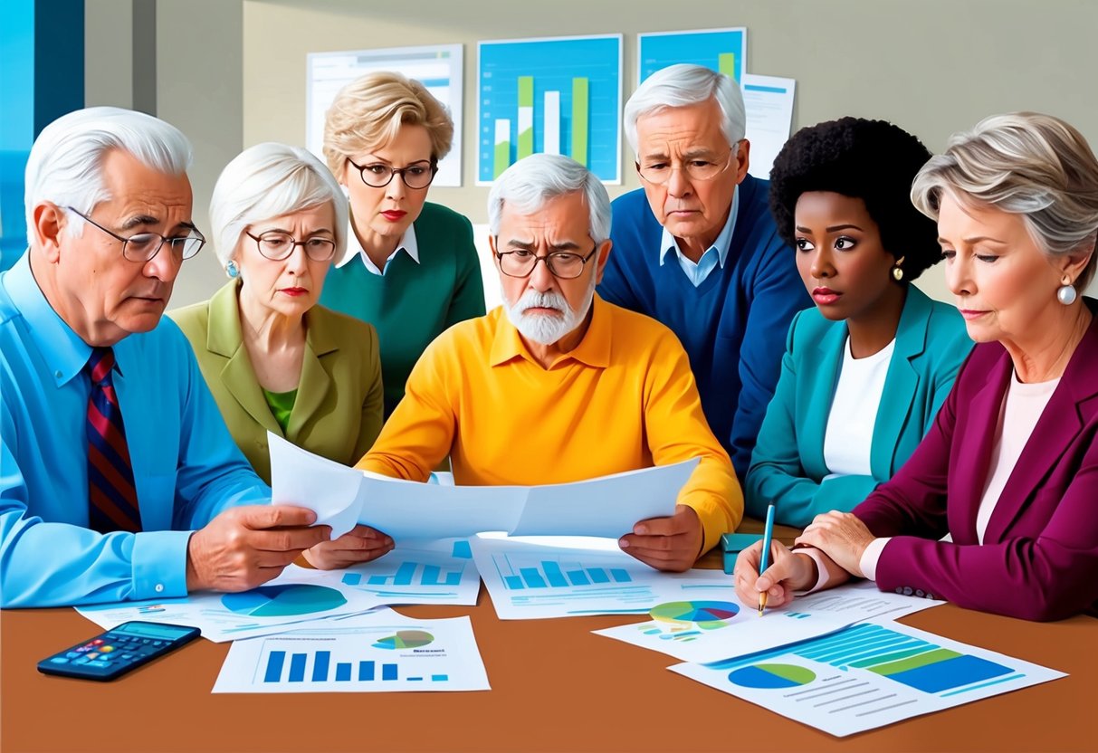 A group of baby boomer-aged individuals sitting around a table, looking at financial documents and charts with concerned expressions