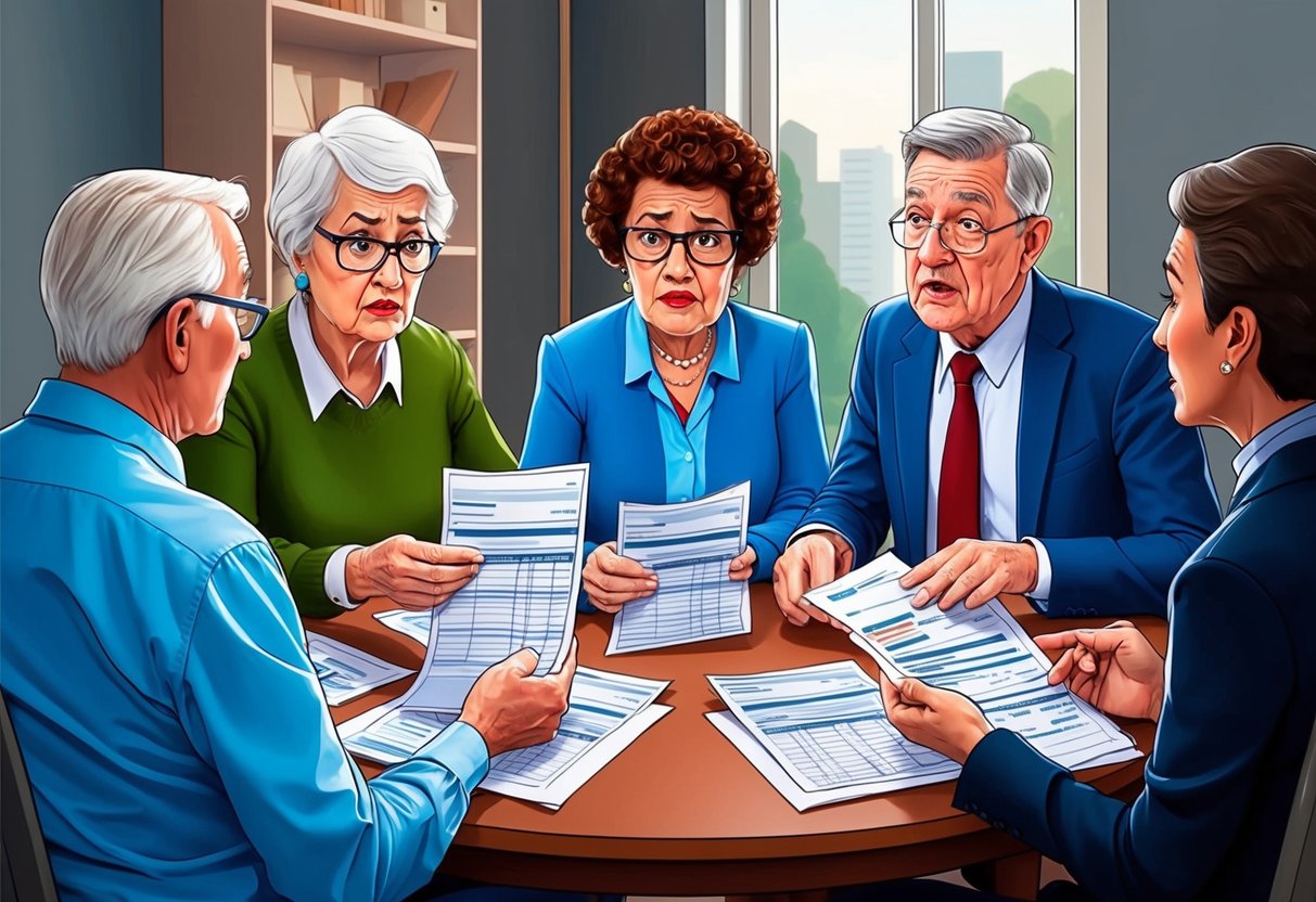 A group of older individuals sitting around a table, looking at financial documents with confused expressions. A younger person stands nearby, offering alternative advice