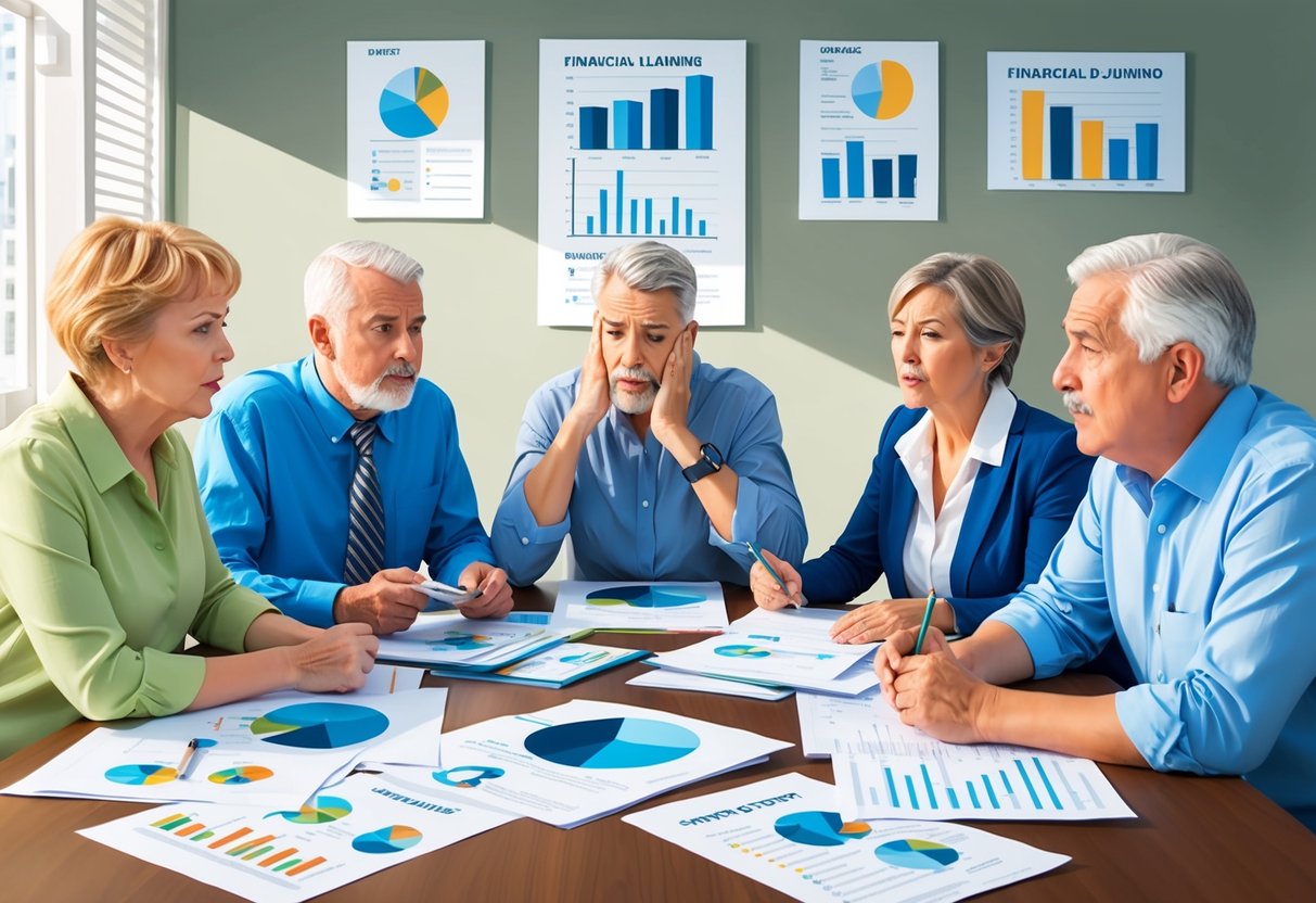A group of baby boomer aged individuals sitting at a table surrounded by financial planning documents and charts, looking frustrated and confused