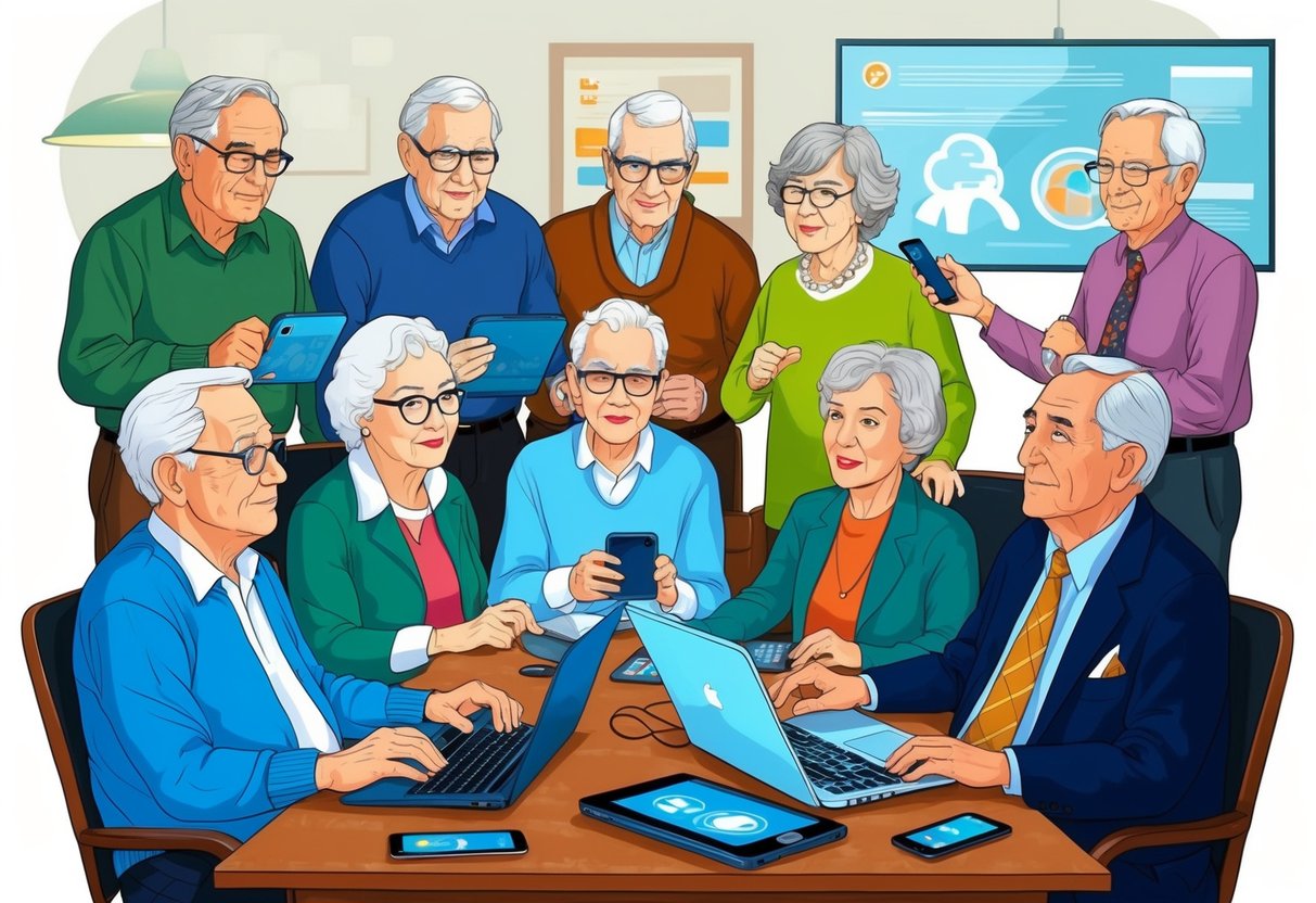 A group of aging baby boomers navigating through modern technology, with traditional advice falling short
