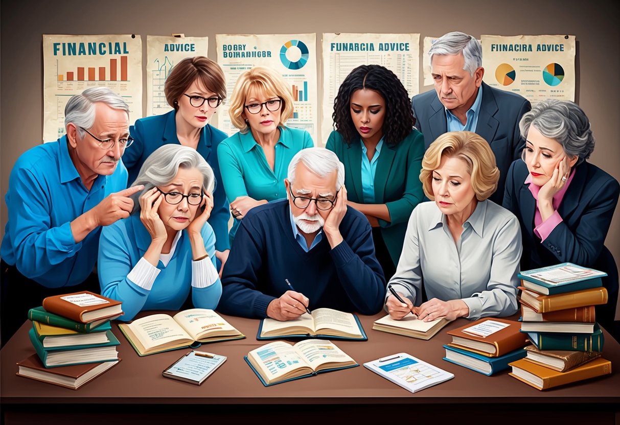 A group of baby boomer-aged individuals look puzzled while surrounded by outdated financial advice books and charts