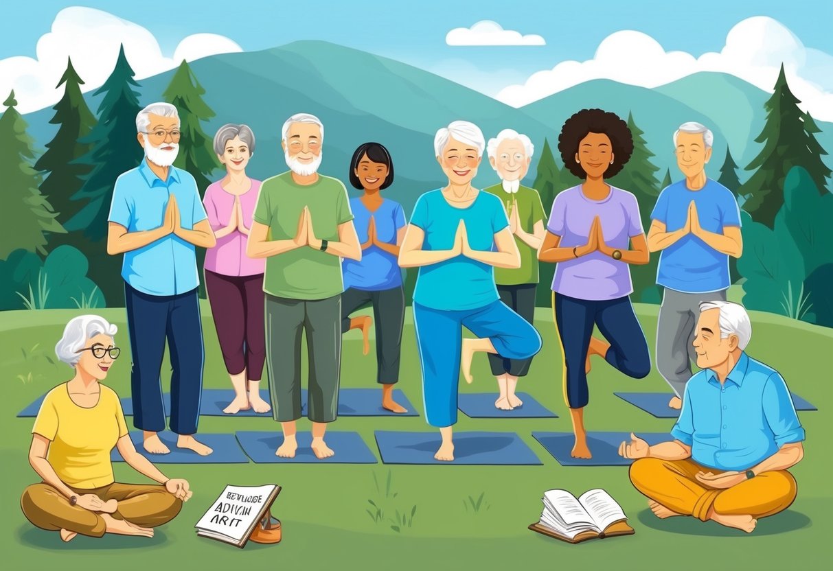 A group of retired baby boomers engage in various wellness activities, including yoga, hiking, and meditation, while traditional advice sits ignored in the background
