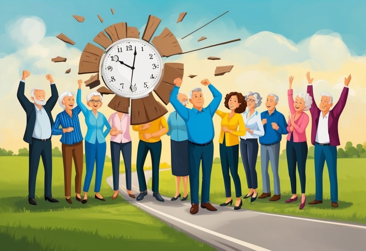 A group of baby boomers breaking free from traditional retirement advice, symbolized by a broken clock and a path diverging from the expected