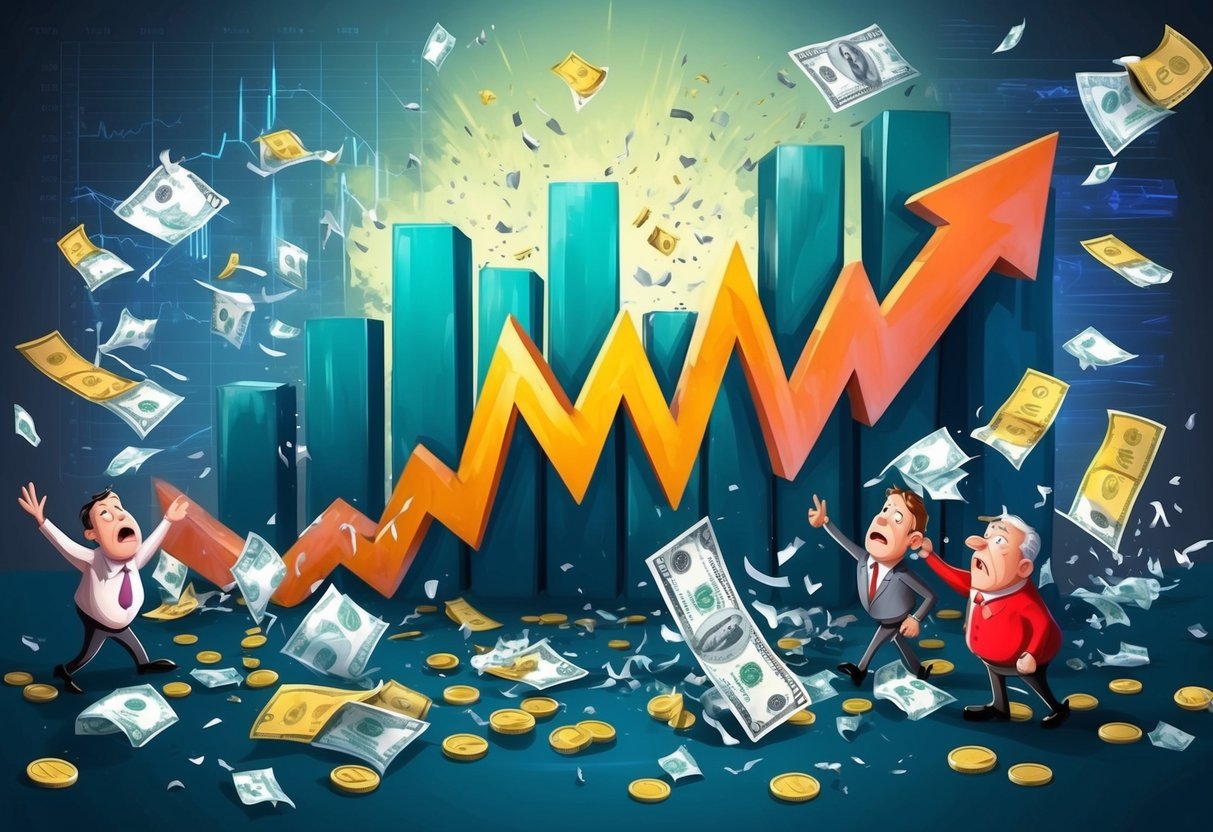 A chaotic stock market graph with a sharp downward trend, surrounded by worried investors and retirement savings plans being shredded