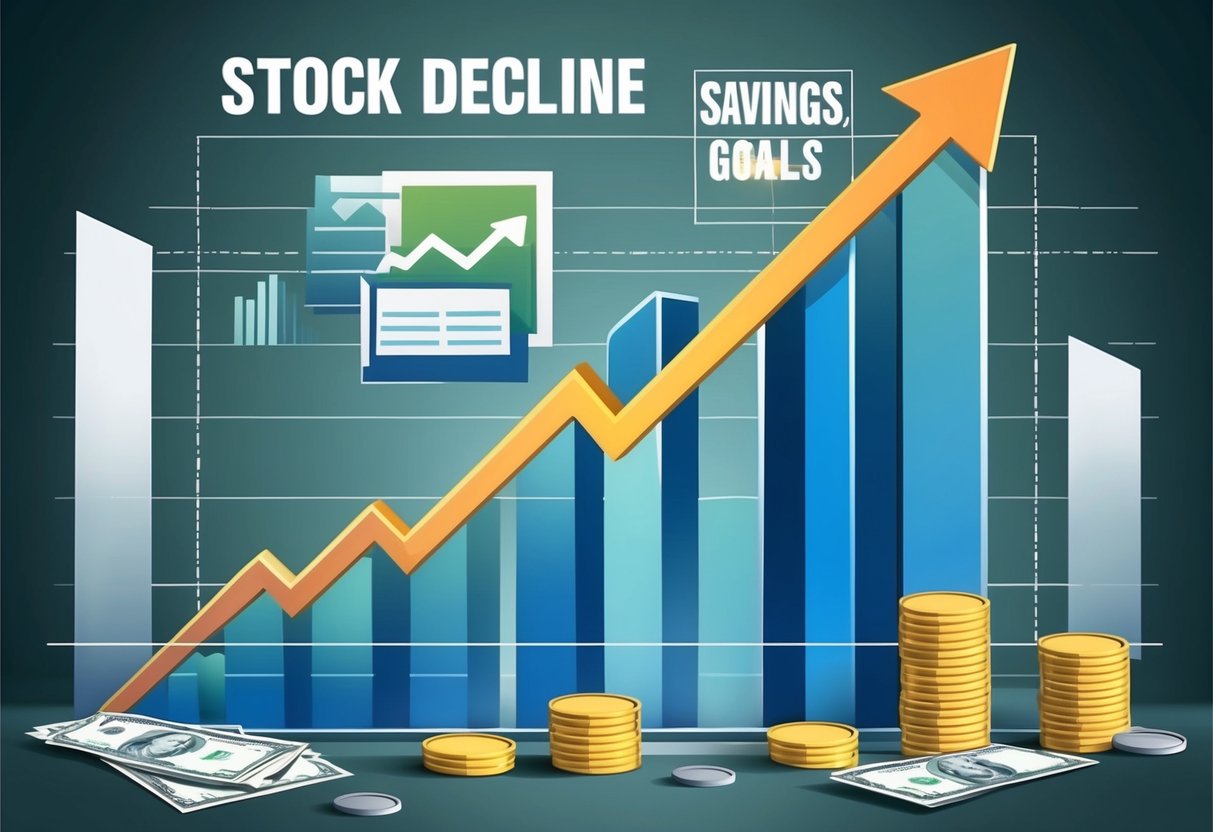 A graph showing a steep decline in stock prices, with retirement savings and goals in the background