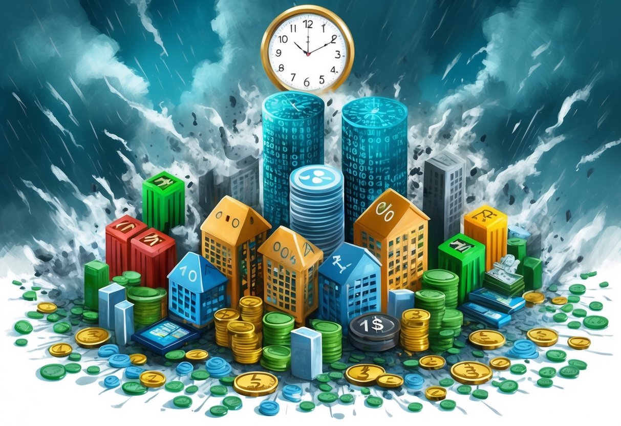 A group of diverse financial assets (stocks, bonds, real estate) surrounded by a stormy, chaotic market environment, with a clock showing time passing by