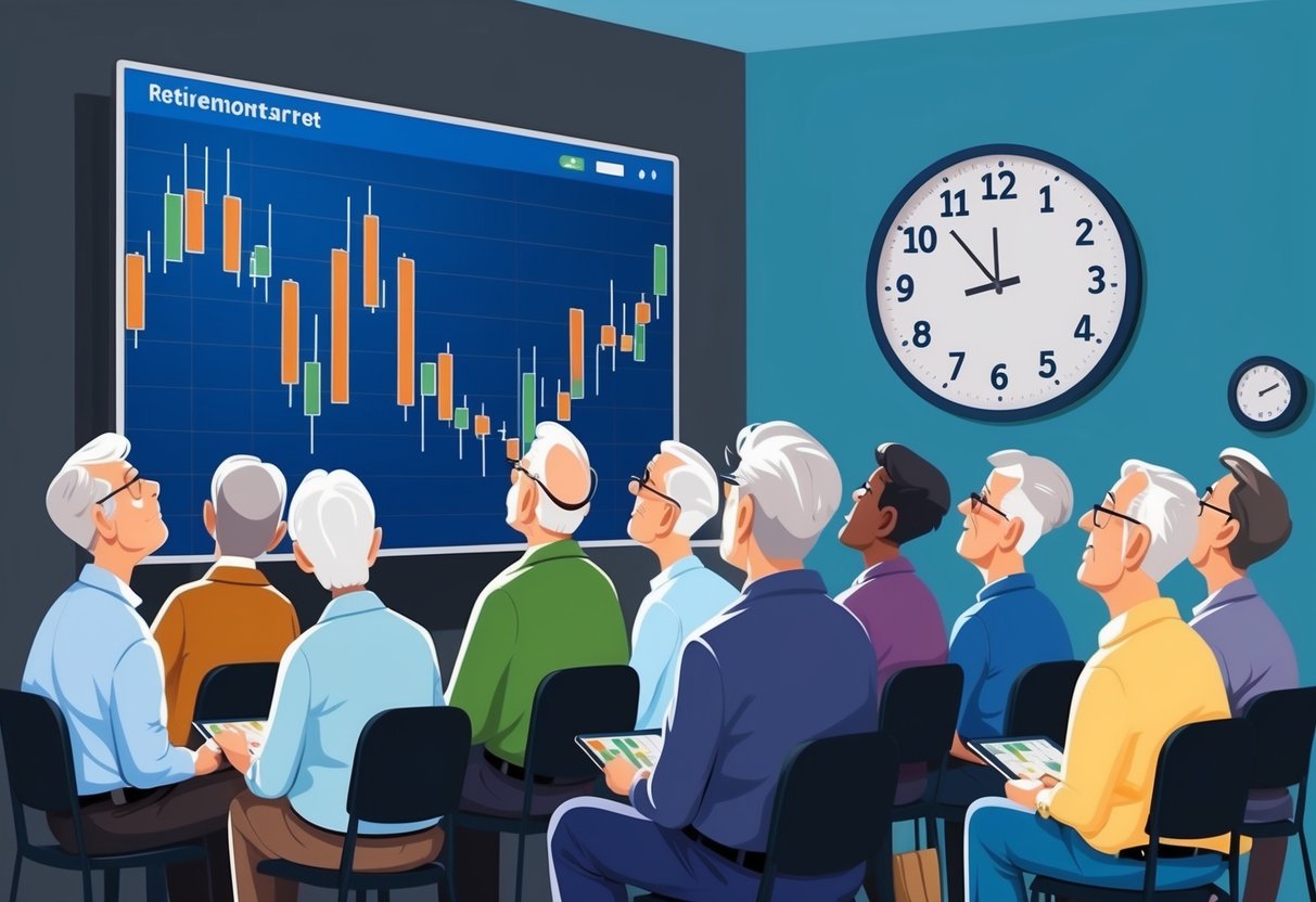 A group of older individuals anxiously watching stock market graphs on a large screen, while a retirement countdown clock on the wall ticks slowly backwards