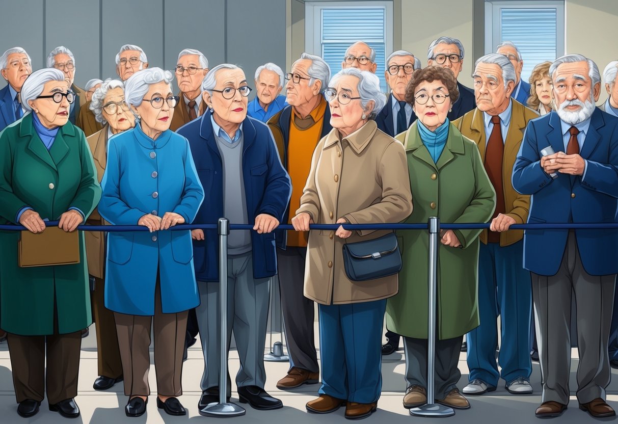 A group of elderly individuals standing in line, looking worried as they wait to speak with government officials about their retirement savings after a market crash